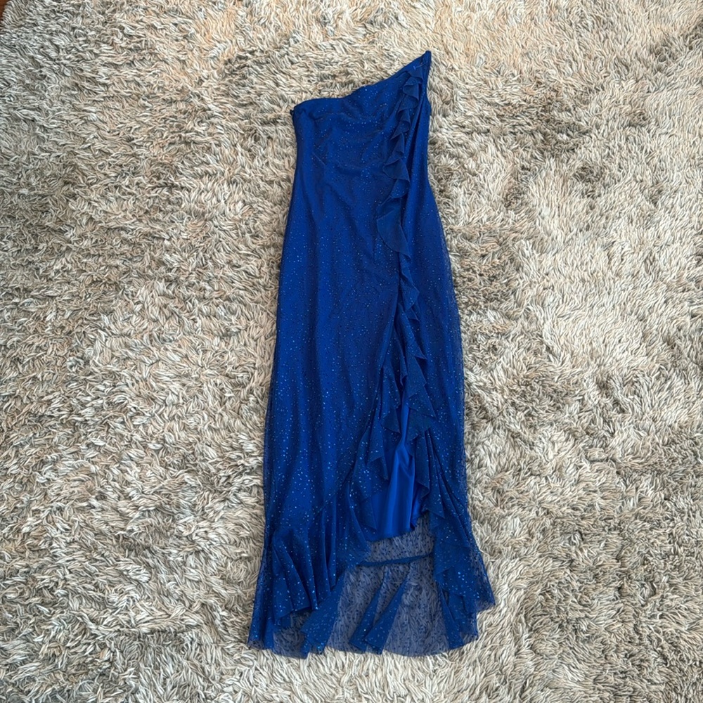 Jessica McClintock Blue Sparkle One Shoulder Maxi Dress